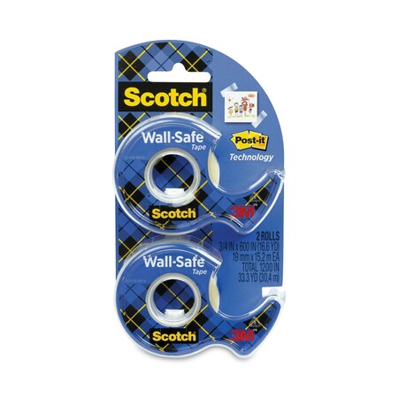Scotch Wall-Safe Tape with Dispenser,  1" Core,  0.75" x 50 ft,  Clear, 2PK 183-DM2